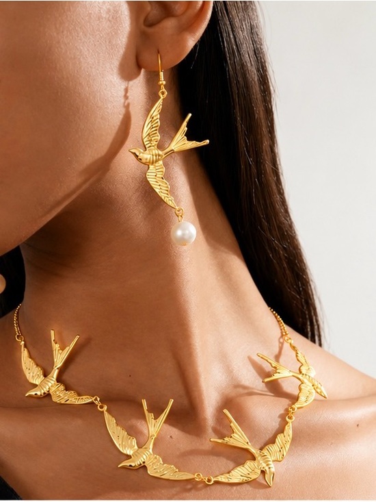 The Unbranded Brand Jewelry - Gold Swallow Bird Necklace & Earrings Set | Pearl Drop Statement Jewelry